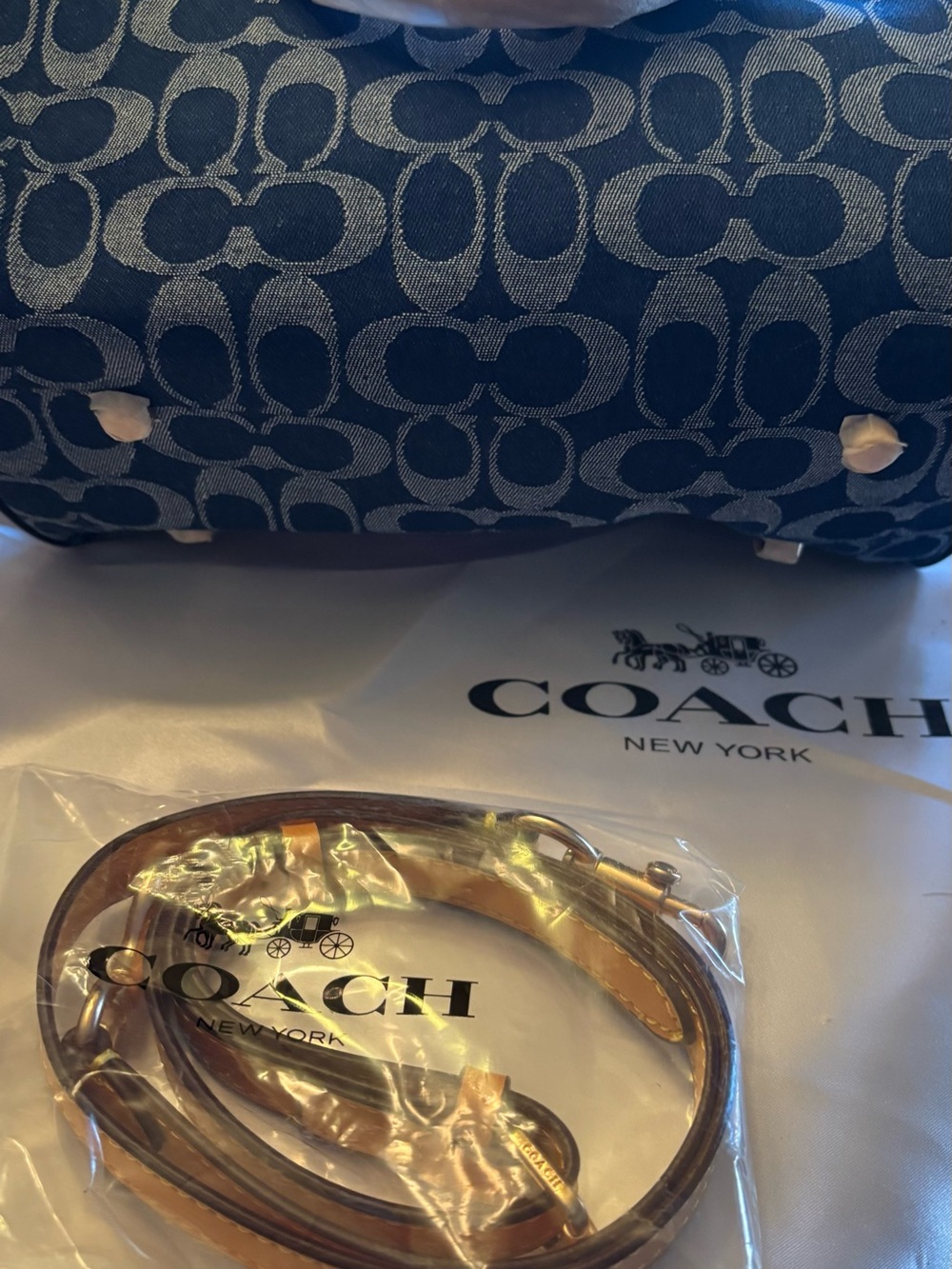 Coach Navy Signature Canvas Key & Card Holder with Tan Leather Strap